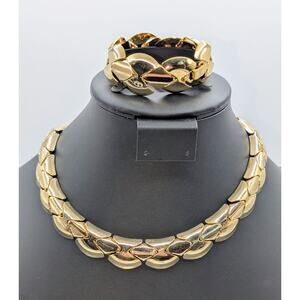 VTG 80s Chunky Gold Tone Segmented Clasp 17" Necklace & Matching Bracelet Set